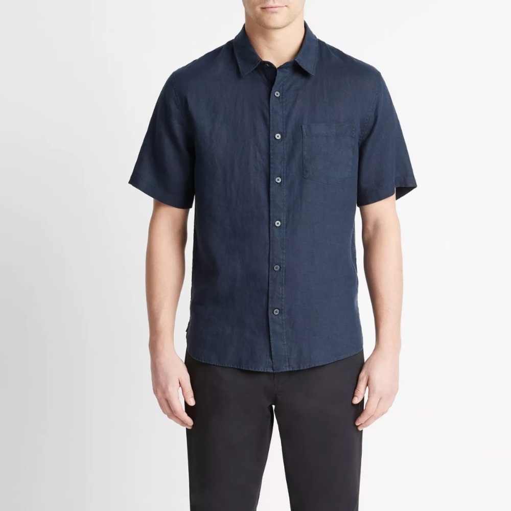 Vince Linen Short Sleeve Shirt In Coastal Blue Size Xxl